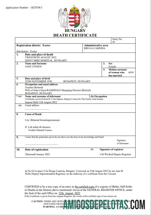 Hungria Registro Vital Certidão de Óbito Word e Modelo PDF exemplo